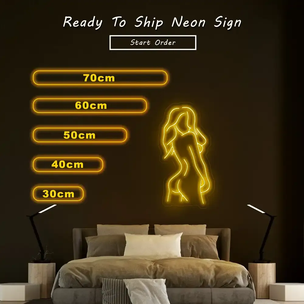 Ilustración de neón LED de pose de belleza con opciones de tamaño mostradas