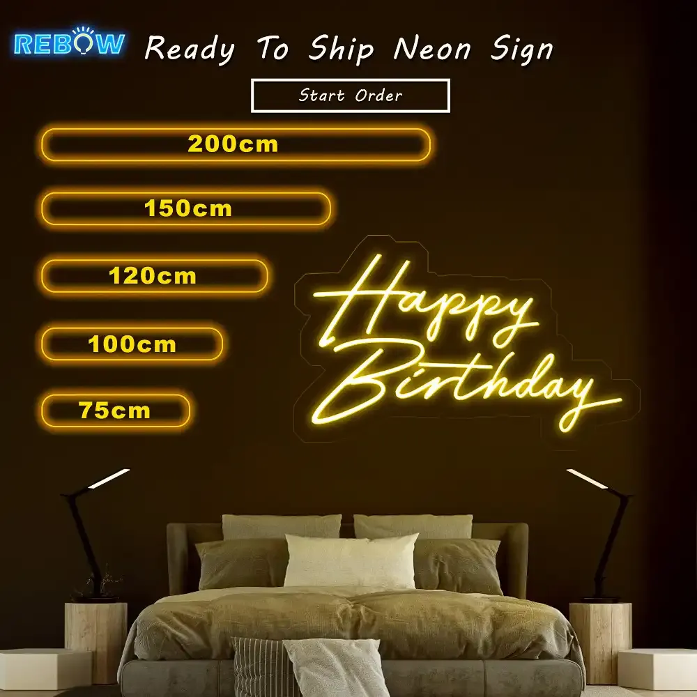 Enseigne néon LED dorée portant Happy Birthday, un modèle prêt vendu par les revendeurs