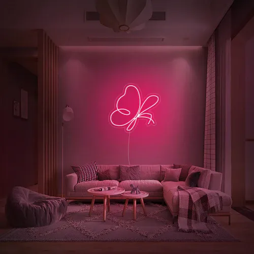 Blue LED neon butterfly sign glowing evenly in a living room