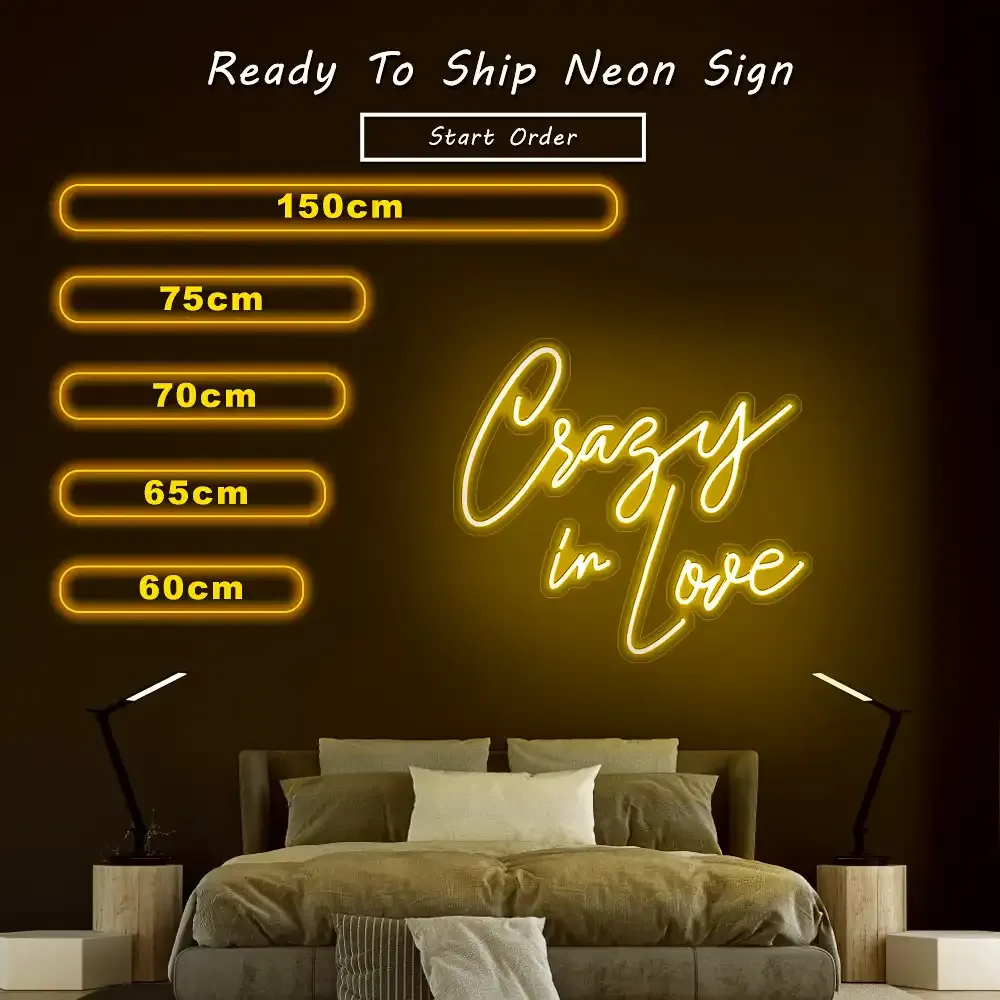 Letreiro de neon LED dourado em script em uma fotografia de tabela de tamanhos