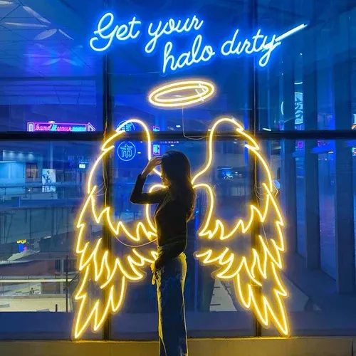 Gold LED neon angel wings, the wedding photo-spot favourite